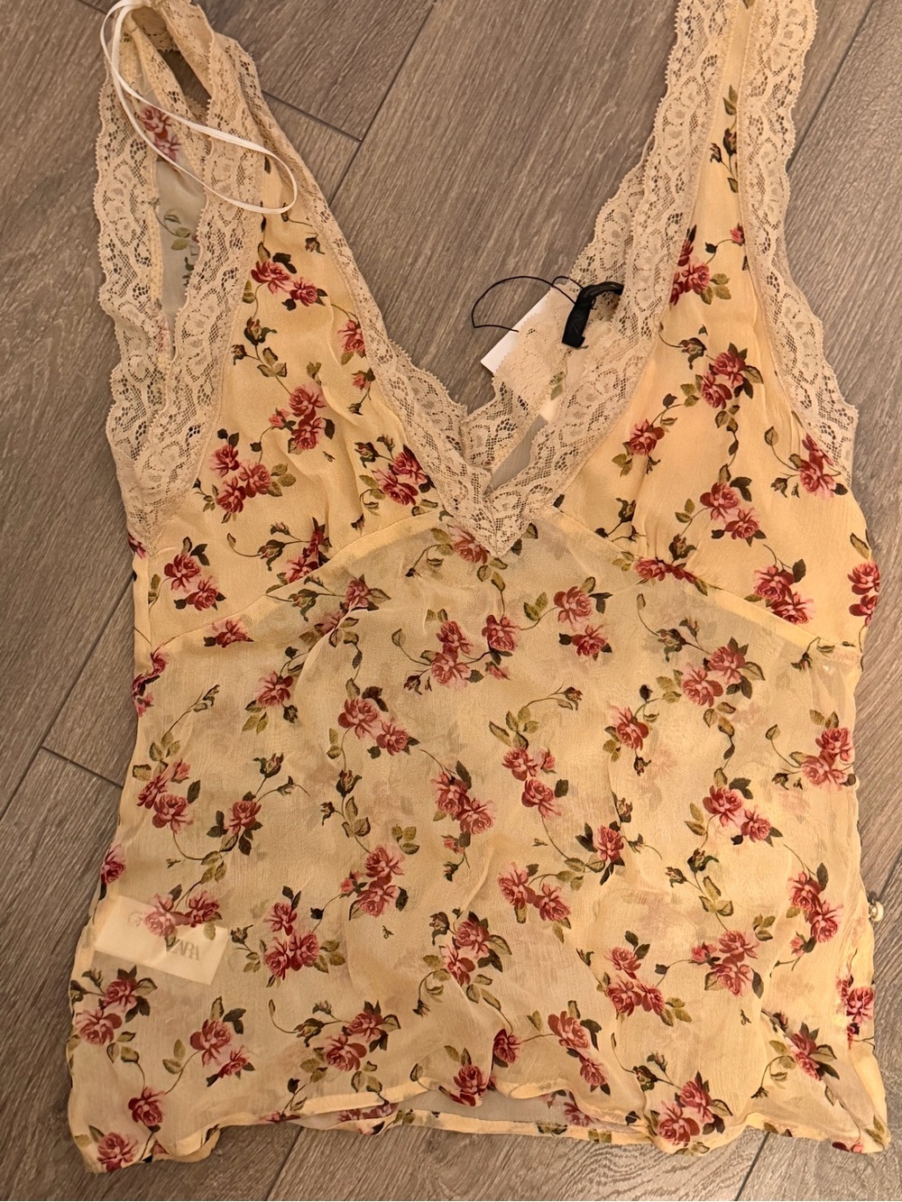 Zara Yellow Floral Lace-Trim Sheer Cami - Picture 1 of 2